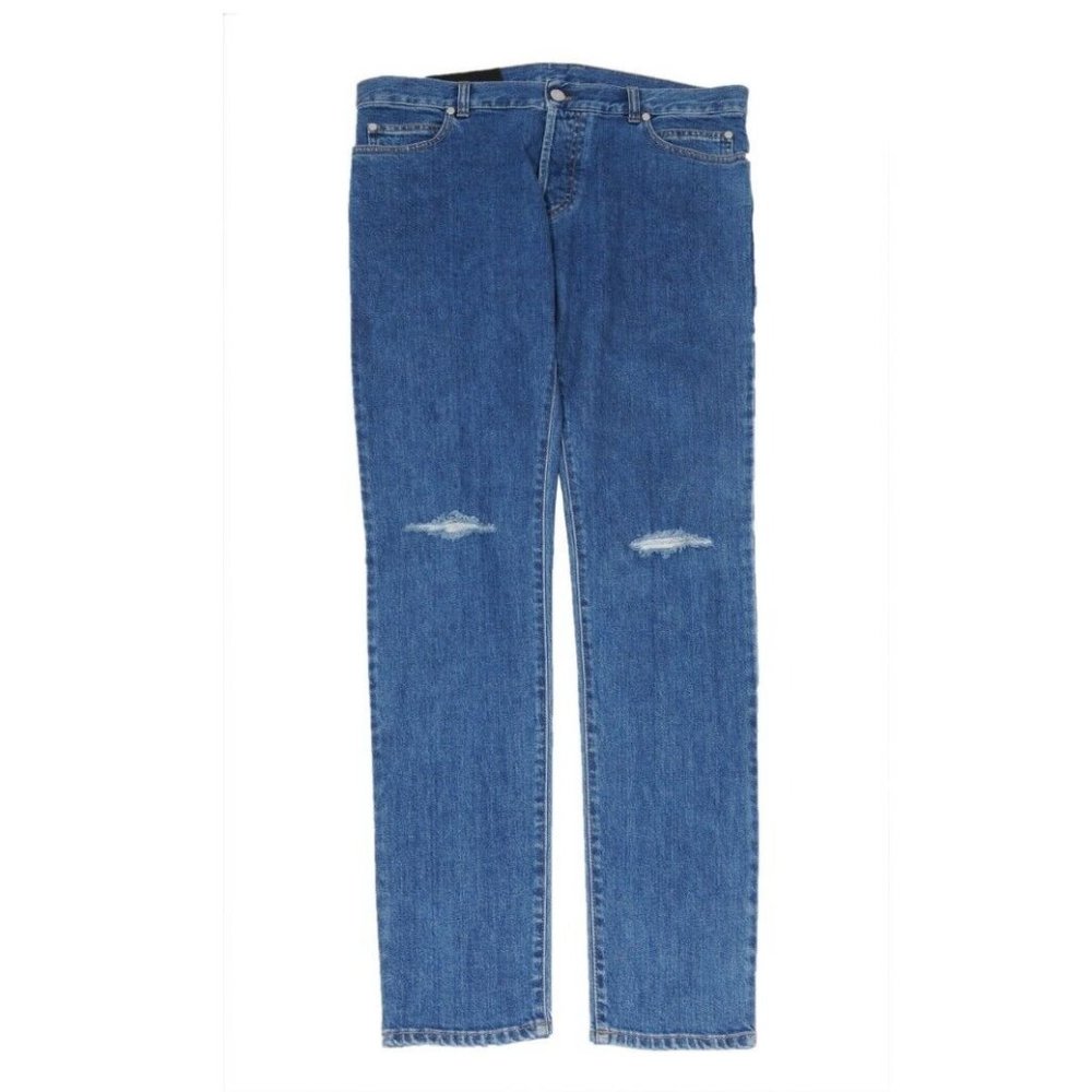 Balmain Men Slim Jeans Size 33x34 Blue Indigo Knee Slashed Distressed Logo Denim